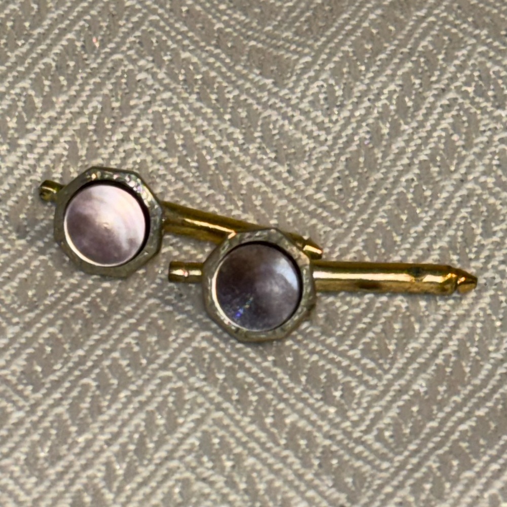 Vintage Mother of Pearl Tuxedo Shirt Studs Gold Tone Formal Stud Buttons Pair